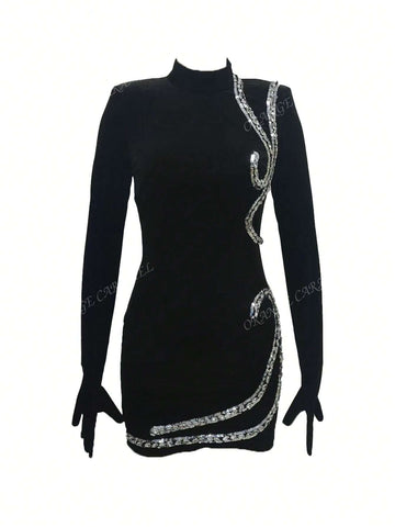 New Velvet High Neck Embellished Short Dress For Women