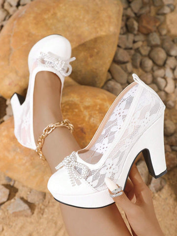 New Waterproof Platform Bow Tie Round Toe White High Heel Shoes With Rhinestone