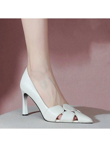 New White Hollow Out High Heels Pointed Toe Shallow Mouth Stilettos Elegant Work Shoes For Women, Spring And Autumn