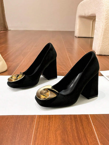 New Women Party/Fashion/Date Niche Metal Flower Decor Fashion High Heel Comfortable Slip-On Square Toe Pumps, Black Velvet Metal Rose Buckle Chunky Heel