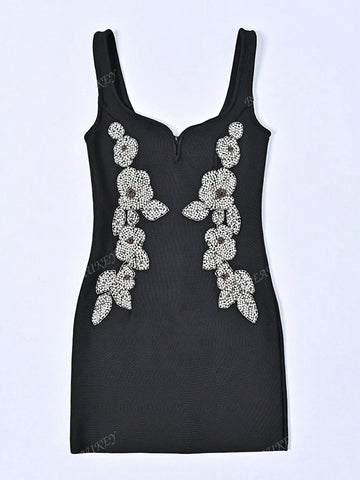 New Women's Diamond Beaded Floral Sleeveless Deep V Camisole Long Dress, Black Elegant Party Gown