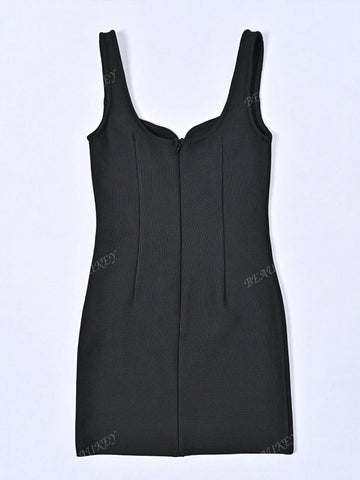 New Women's Diamond Beaded Floral Sleeveless Deep V Camisole Long Dress, Black Elegant Party Gown