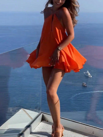 New Women's Sexy Deep V-Neck Backless Sleeveless Loose A-Line Ruffled Mini Dress, Vacation & Streetwear & Tropical, Spring/Summer