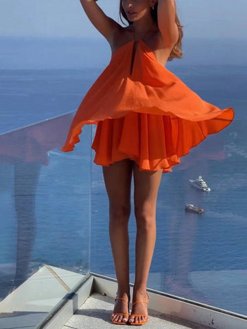 New Women's Sexy Deep V-Neck Backless Sleeveless Loose A-Line Ruffled Mini Dress, Vacation & Streetwear & Tropical, Spring/Summer