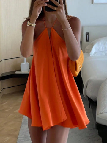 New Women's Sexy Deep V-Neck Backless Sleeveless Loose A-Line Ruffled Mini Dress, Vacation & Streetwear & Tropical, Spring/Summer