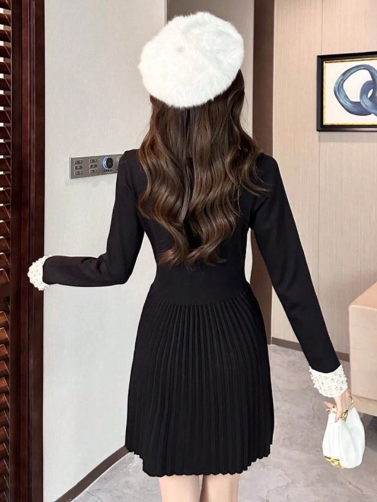 New Year/Valentine's Day Women Knitted Pleated Dress Long Sleeve Elegant And Chic Fashion New Casual Solid Black Dresses Female Clothes Spring Mujers