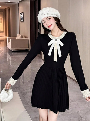 New Year/Valentine's Day Women Knitted Pleated Dress Long Sleeve Elegant And Chic Fashion New Casual Solid Black Dresses Female Clothes Spring Mujers