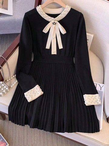 New Year/Valentine's Day Women Knitted Pleated Dress Long Sleeve Elegant And Chic Fashion New Casual Solid Black Dresses Female Clothes Spring Mujers