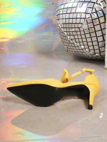 New Yellow Bow Decor Pointed Toe High Heel Hollow Out Shoes, Sweet Style For Women