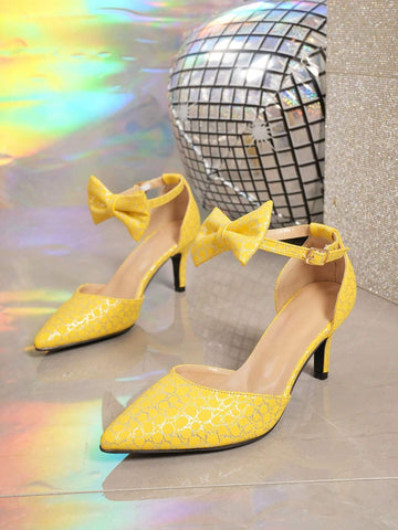 New Yellow Bow Decor Pointed Toe High Heel Hollow Out Shoes, Sweet Style For Women