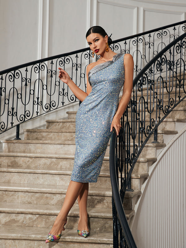 Niani One Shoulder Sequin Midi Dress