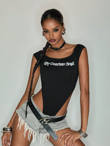 NickBaileyDesigns Casual Letter Print Slim Fit Cropped Mesh Top, Sexy & Fashionable Women's Clothes