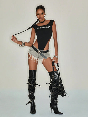 NickBaileyDesigns Casual Letter Print Slim Fit Cropped Mesh Top, Sexy & Fashionable Women's Clothes