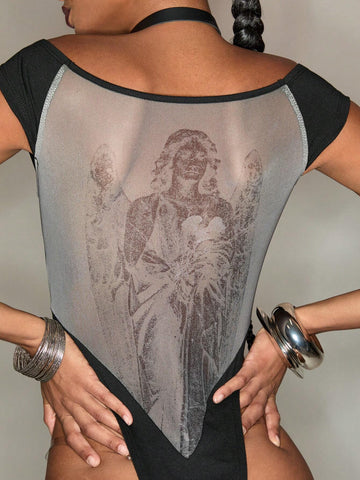 NickBaileyDesigns Casual Letter Print Slim Fit Cropped Mesh Top, Sexy & Fashionable Women's Clothes