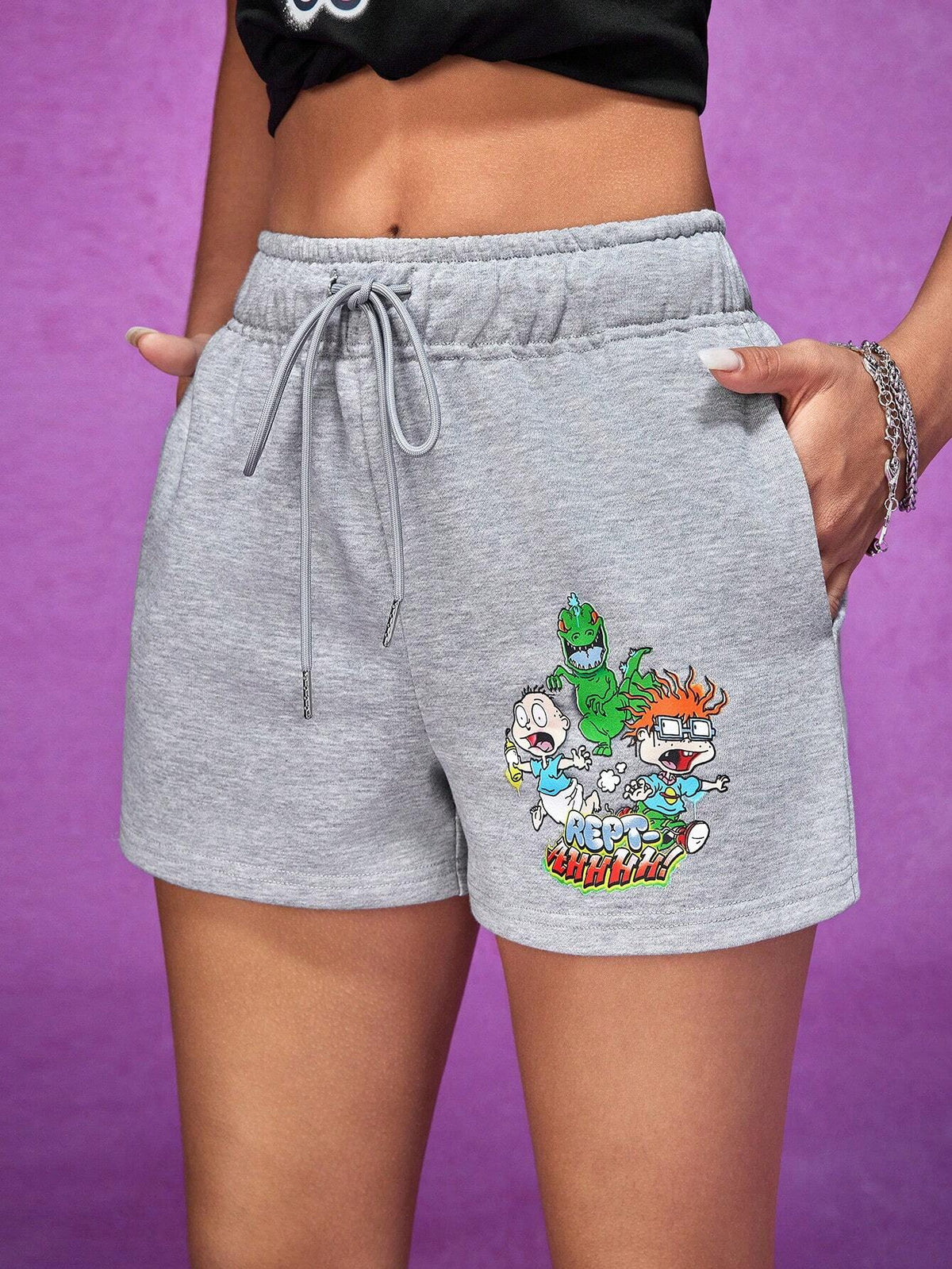 Casual Simple Carton Pattern Printed Grey Sports Women's Shorts