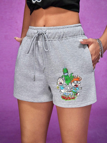 Casual Simple Carton Pattern Printed Grey Sports Women's Shorts