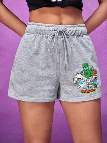 Casual Simple Carton Pattern Printed Grey Sports Women's Shorts