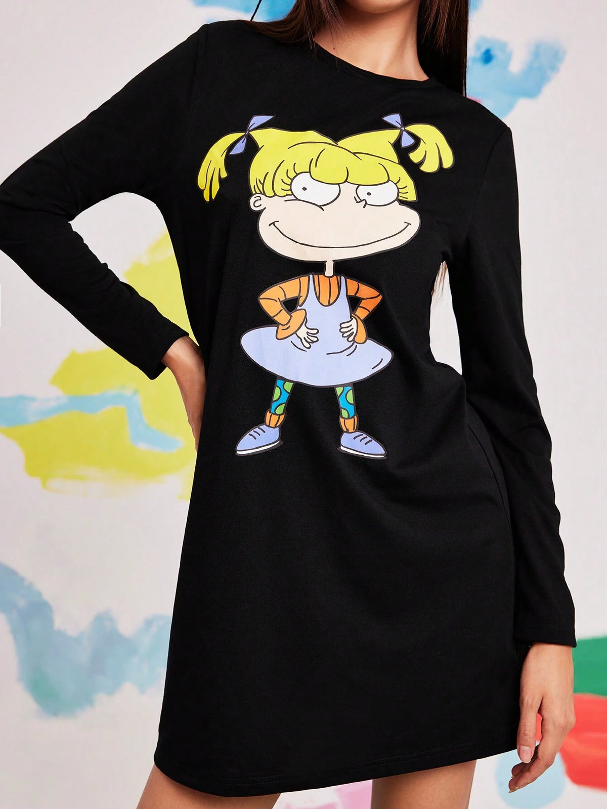 Women's Casual Cartoon Character Printed Black Long Sleeves Short Dress,Fall Clothes