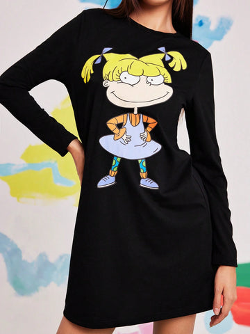 Women's Casual Cartoon Character Printed Black Long Sleeves Short Dress,Fall Clothes
