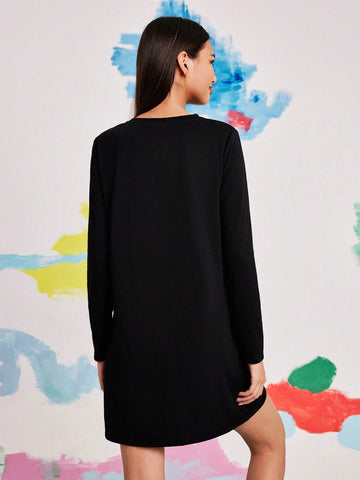 Women's Casual Cartoon Character Printed Black Long Sleeves Short Dress,Fall Clothes