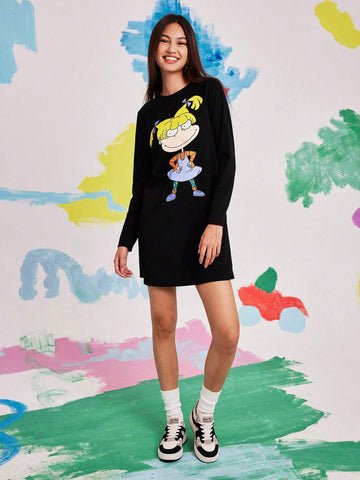Women's Casual Cartoon Character Printed Black Long Sleeves Short Dress,Fall Clothes