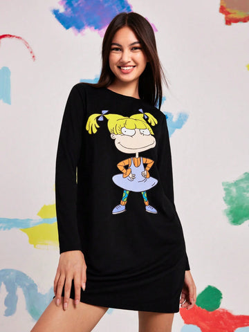 Women's Casual Cartoon Character Printed Black Long Sleeves Short Dress,Fall Clothes