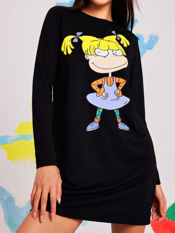 Women's Casual Cartoon Character Printed Black Long Sleeves Short Dress,Fall Clothes