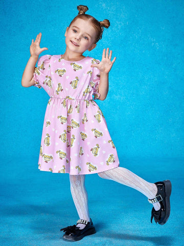 Young Girl Cartoon Graphic Puff Sleeve Dress