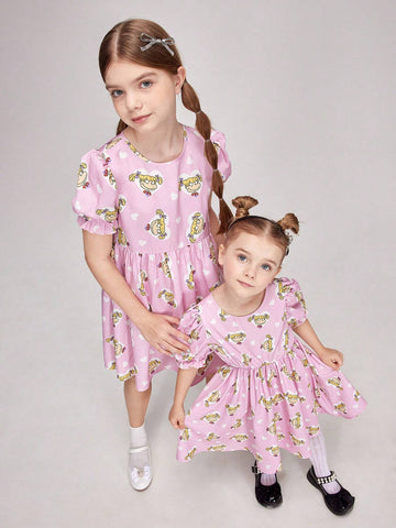Young Girl Cartoon Graphic Puff Sleeve Dress