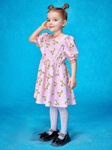 Young Girl Cartoon Graphic Puff Sleeve Dress