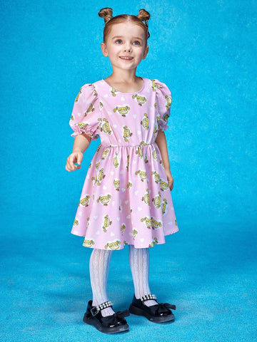 Young Girl Cartoon Graphic Puff Sleeve Dress