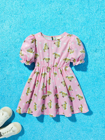 Young Girl Cartoon Graphic Puff Sleeve Dress