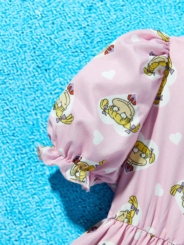 Young Girl Cartoon Graphic Puff Sleeve Dress