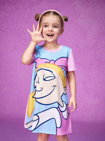 Young Girl Cute Cartoon Figure Graphic Tee Dress