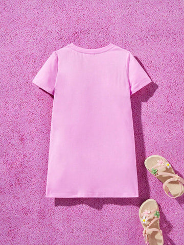 Young Girl Cute Cartoon Figure Graphic Tee Dress