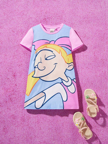 Young Girl Cute Cartoon Figure Graphic Tee Dress