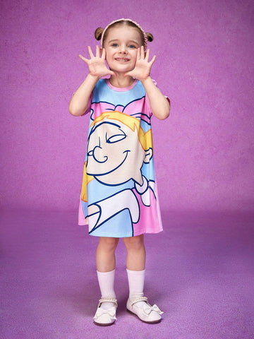 Young Girl Cute Cartoon Figure Graphic Tee Dress
