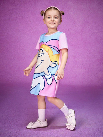 Young Girl Cute Cartoon Figure Graphic Tee Dress