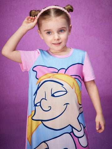 Young Girl Cute Cartoon Figure Graphic Tee Dress