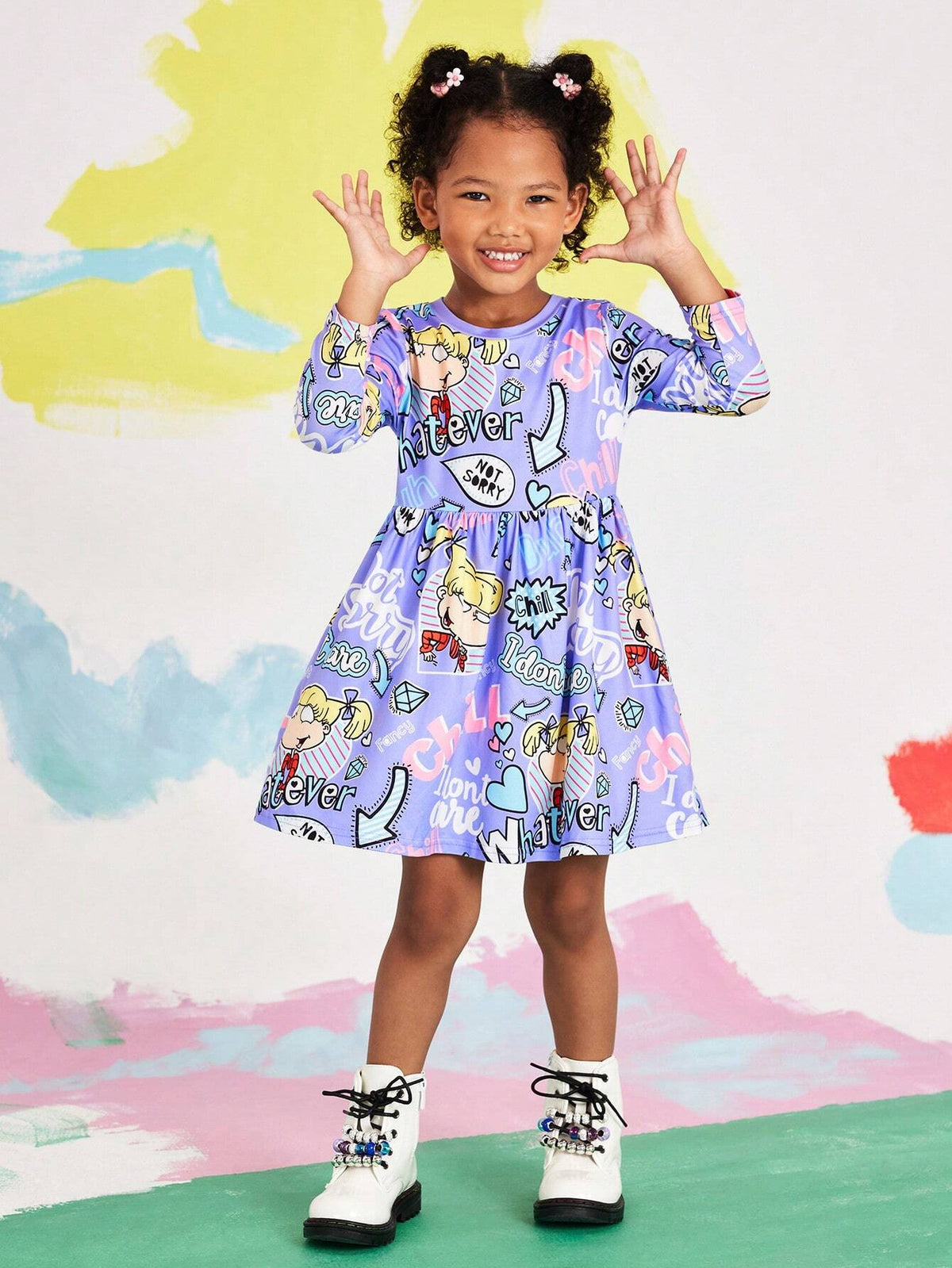 Young Girl Purple Cartoon Cute Cartoon Figure Letter Print Crew Neck Fitted Dress