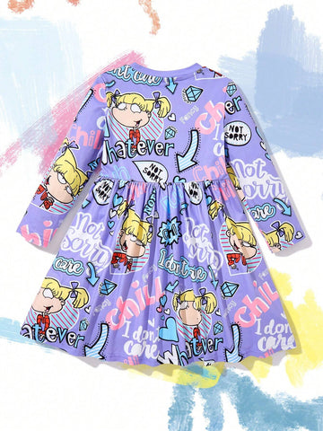 Young Girl Purple Cartoon Cute Cartoon Figure Letter Print Crew Neck Fitted Dress