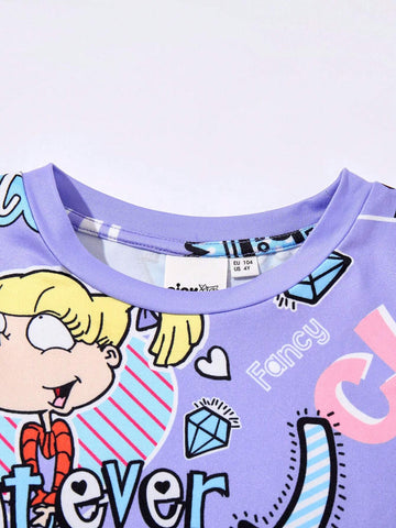 Young Girl Purple Cartoon Cute Cartoon Figure Letter Print Crew Neck Fitted Dress