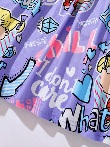 Young Girl Purple Cartoon Cute Cartoon Figure Letter Print Crew Neck Fitted Dress