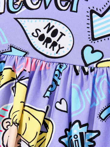 Young Girl Purple Cartoon Cute Cartoon Figure Letter Print Crew Neck Fitted Dress