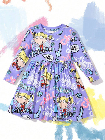 Young Girl Purple Cartoon Cute Cartoon Figure Letter Print Crew Neck Fitted Dress