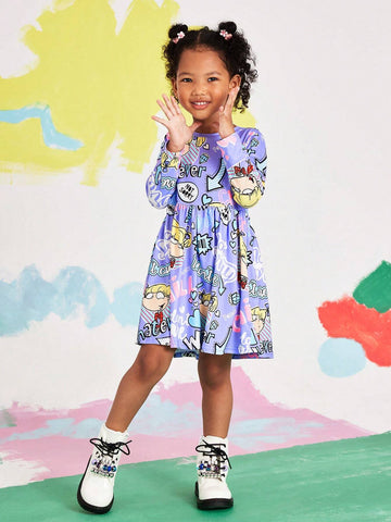 Young Girl Purple Cartoon Cute Cartoon Figure Letter Print Crew Neck Fitted Dress