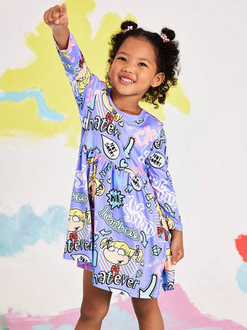 Young Girl Purple Cartoon Cute Cartoon Figure Letter Print Crew Neck Fitted Dress