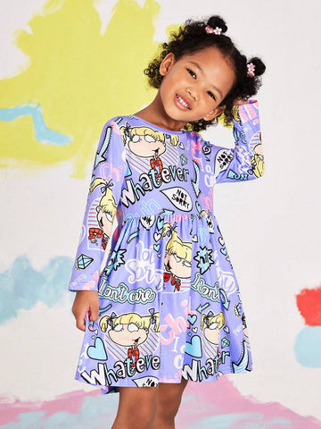 Young Girl Purple Cartoon Cute Cartoon Figure Letter Print Crew Neck Fitted Dress