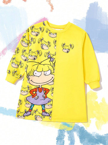 Young Girl Yellow Cute & Lively Cartoon Graphic Splicing Round Neck Long Sleeve Dress