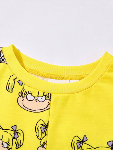 Young Girl Yellow Cute & Lively Cartoon Graphic Splicing Round Neck Long Sleeve Dress
